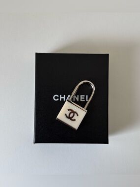 Chanel 2002 White Enamel CC Padlock Key Charm with Silver Hardware